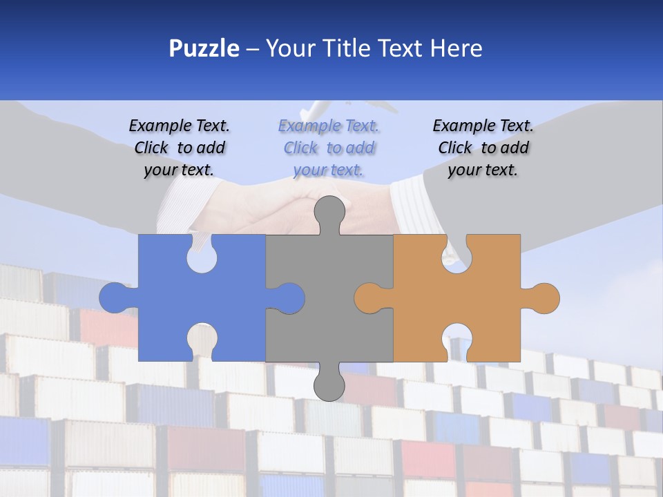 Two People Shaking Hands In Front Of A Wall Of Shipping Containers PowerPoint Template