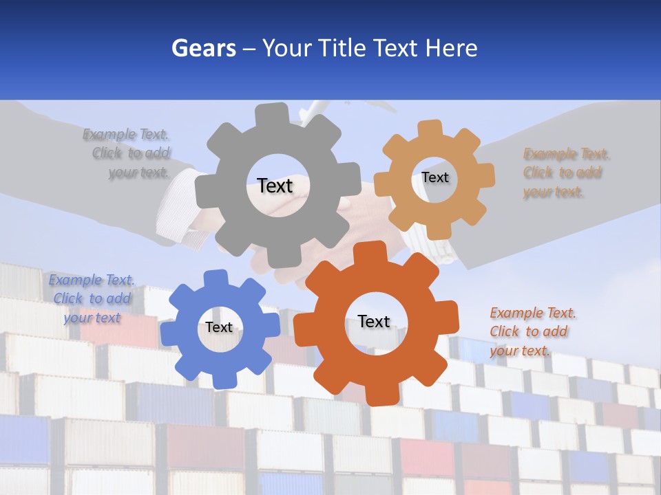 Two People Shaking Hands In Front Of A Wall Of Shipping Containers PowerPoint Template