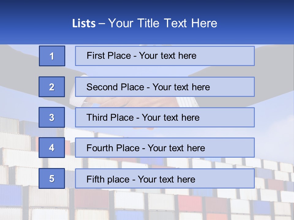 Two People Shaking Hands In Front Of A Wall Of Shipping Containers PowerPoint Template