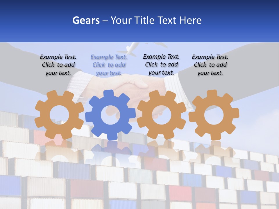 Two People Shaking Hands In Front Of A Wall Of Shipping Containers PowerPoint Template