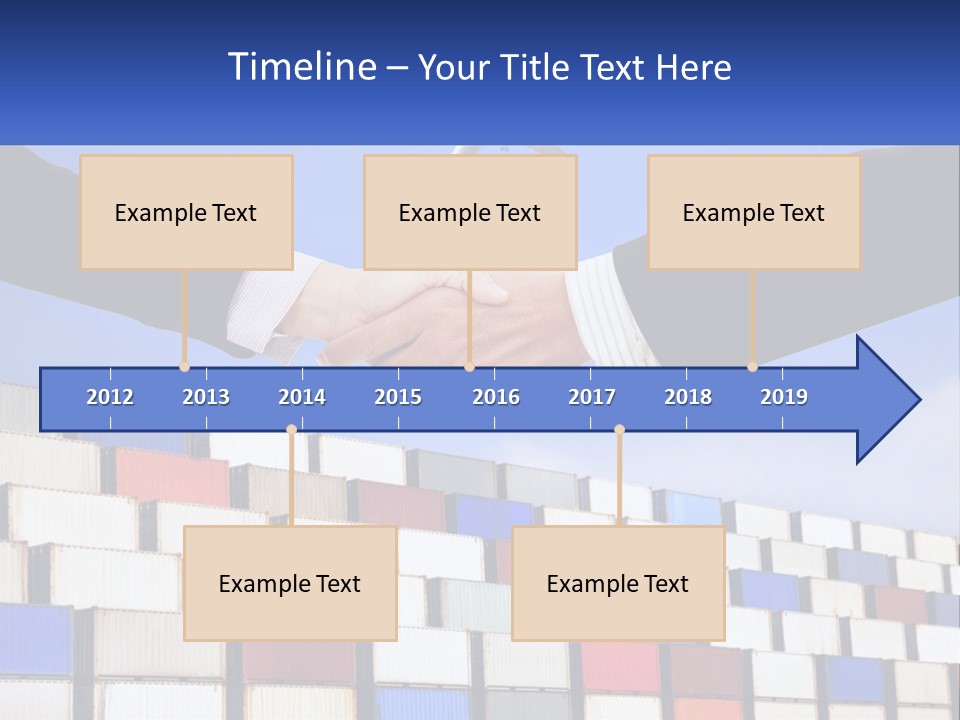Two People Shaking Hands In Front Of A Wall Of Shipping Containers PowerPoint Template