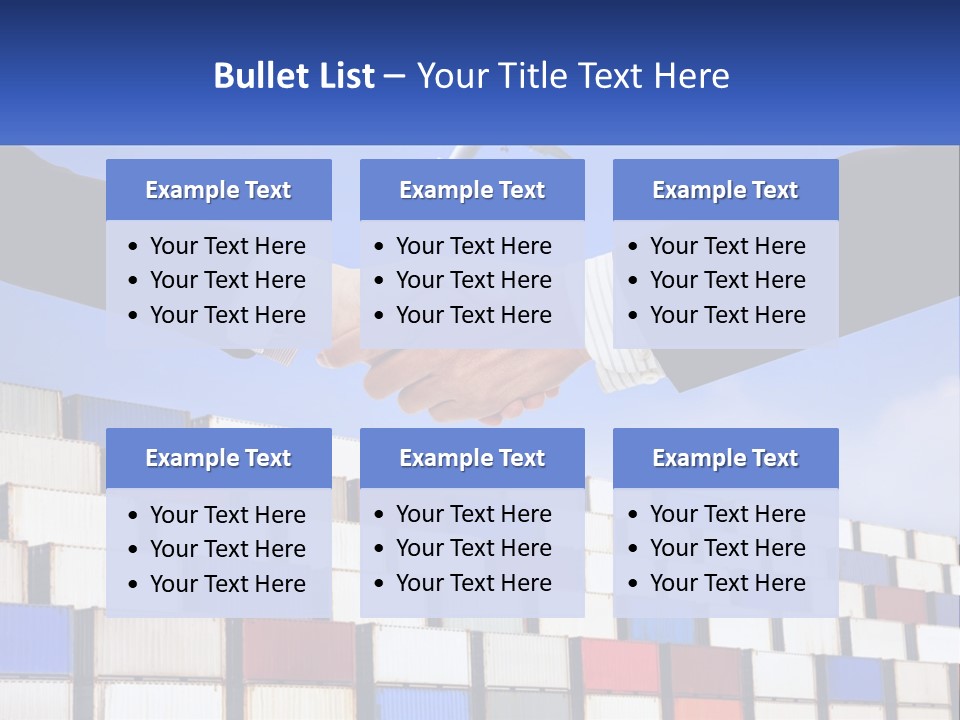 Two People Shaking Hands In Front Of A Wall Of Shipping Containers PowerPoint Template