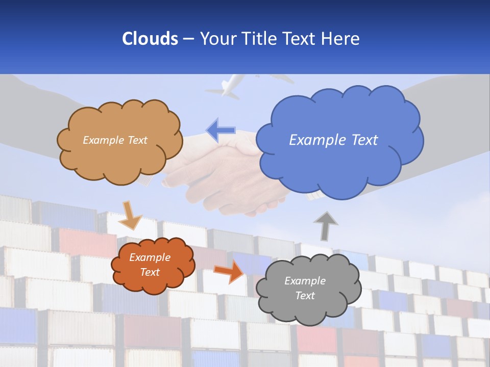 Two People Shaking Hands In Front Of A Wall Of Shipping Containers PowerPoint Template