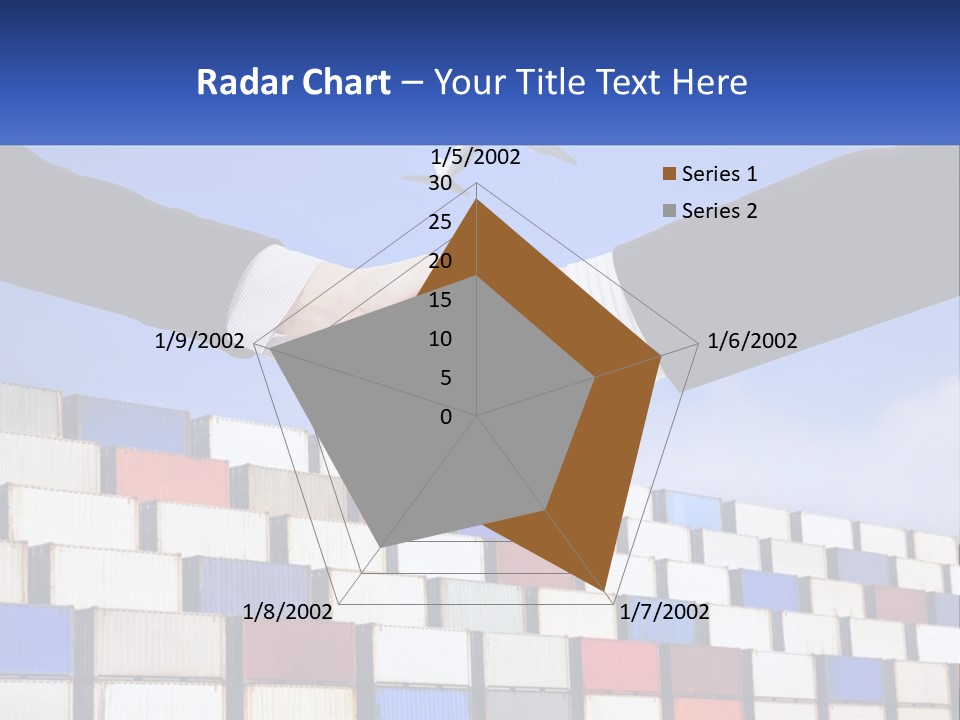 Two People Shaking Hands In Front Of A Wall Of Shipping Containers PowerPoint Template