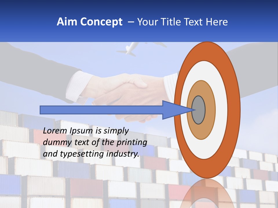 Two People Shaking Hands In Front Of A Wall Of Shipping Containers PowerPoint Template