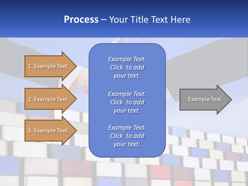 Two People Shaking Hands In Front Of A Wall Of Shipping Containers PowerPoint Template