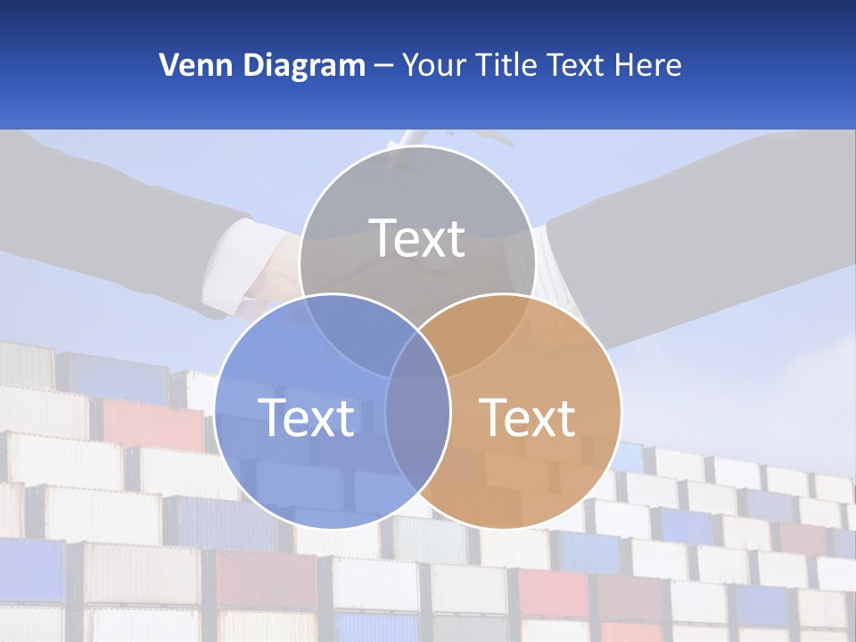 Two People Shaking Hands In Front Of A Wall Of Shipping Containers PowerPoint Template