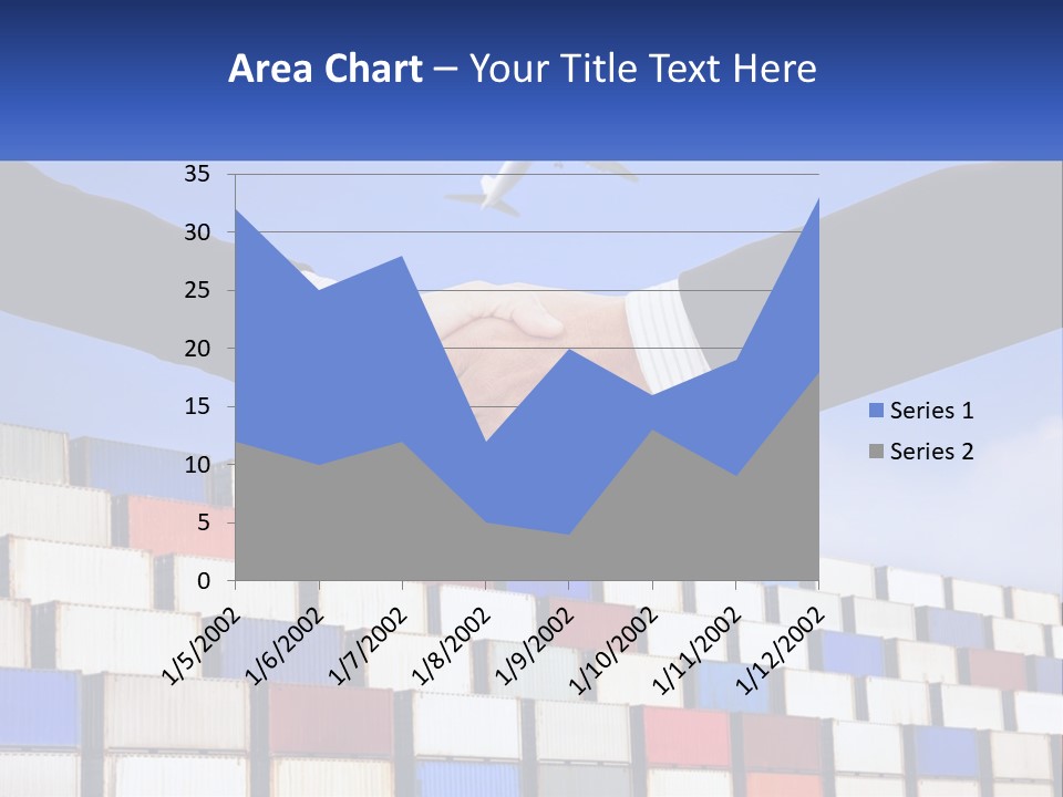 Two People Shaking Hands In Front Of A Wall Of Shipping Containers PowerPoint Template