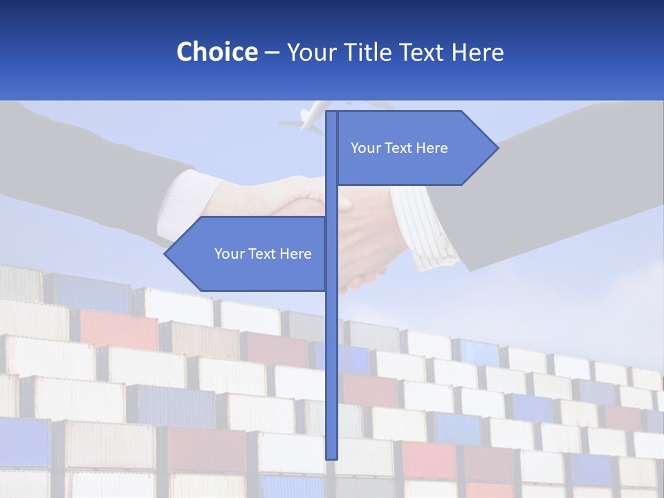 Two People Shaking Hands In Front Of A Wall Of Shipping Containers PowerPoint Template