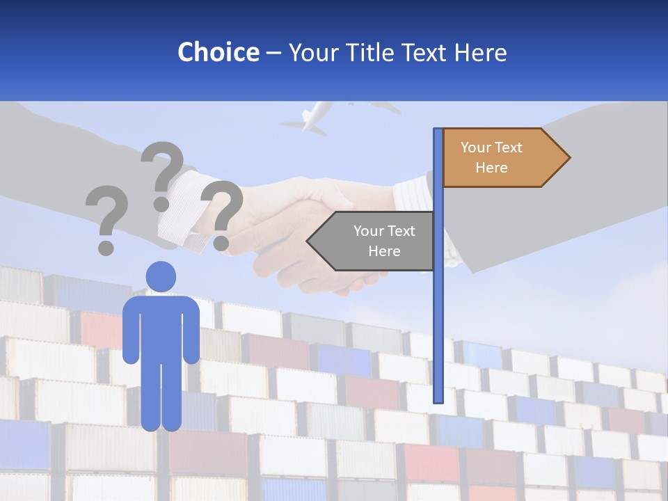 Two People Shaking Hands In Front Of A Wall Of Shipping Containers PowerPoint Template