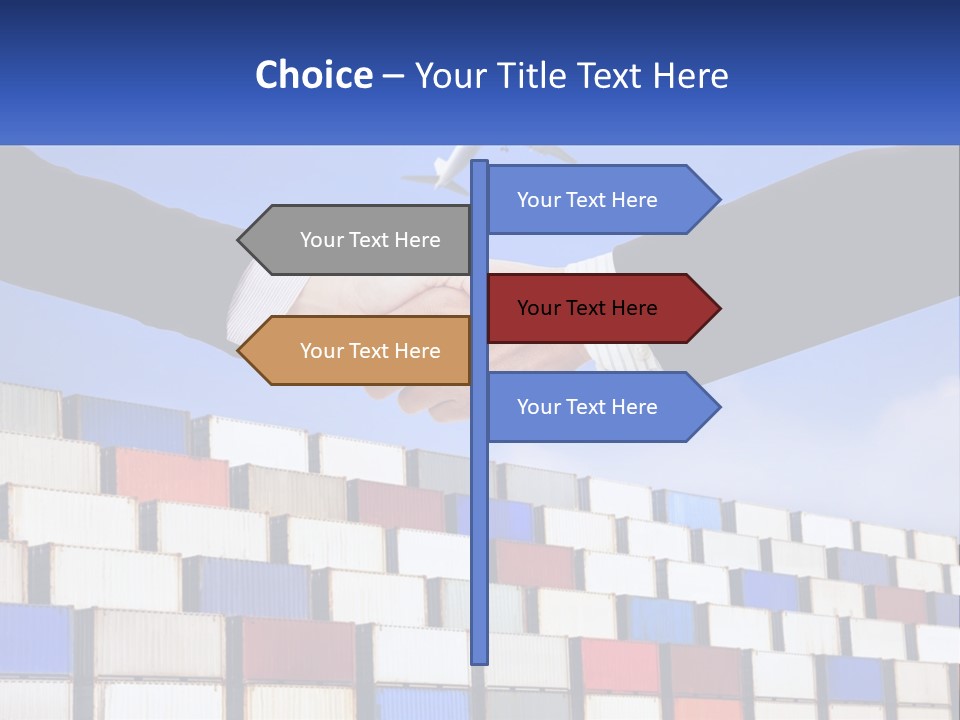 Two People Shaking Hands In Front Of A Wall Of Shipping Containers PowerPoint Template