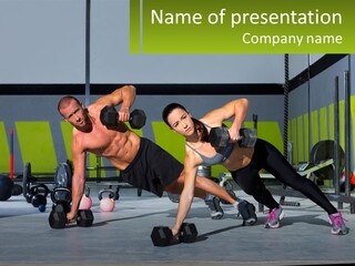 A Man And A Woman Doing Push Ups With Dumbbells PowerPoint Template