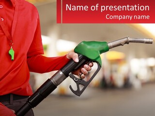 A Person Holding A Gas Pump In Their Hand PowerPoint Template