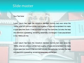 A Woman In Glasses Is Sitting At A Desk With Many Files PowerPoint Template