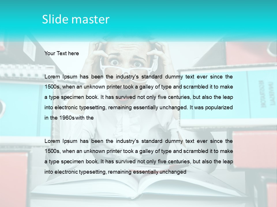 A Woman In Glasses Is Sitting At A Desk With Many Files PowerPoint Template