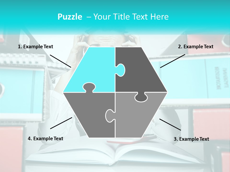 A Woman In Glasses Is Sitting At A Desk With Many Files PowerPoint Template
