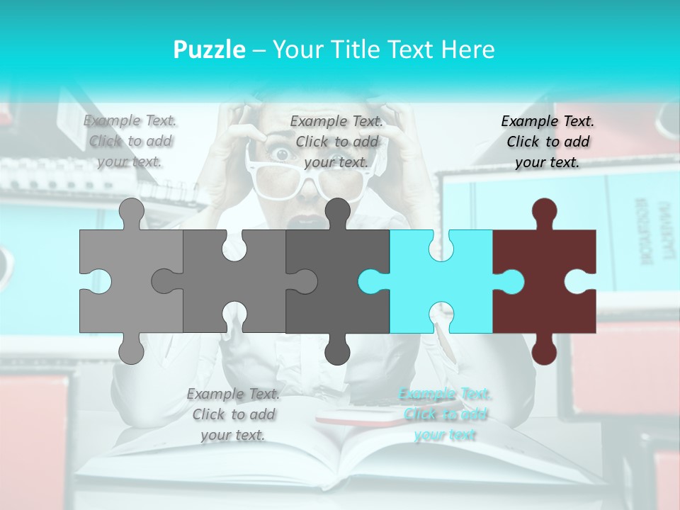 A Woman In Glasses Is Sitting At A Desk With Many Files PowerPoint Template