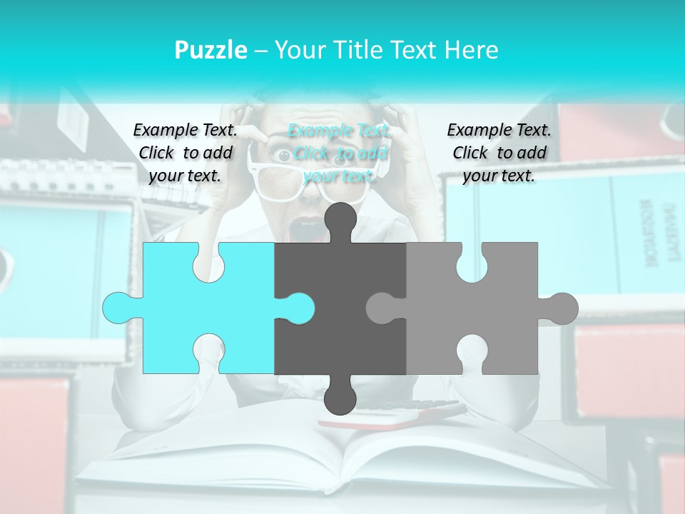 A Woman In Glasses Is Sitting At A Desk With Many Files PowerPoint Template