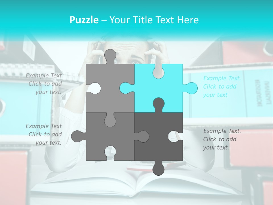 A Woman In Glasses Is Sitting At A Desk With Many Files PowerPoint Template