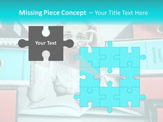 A Woman In Glasses Is Sitting At A Desk With Many Files PowerPoint Template