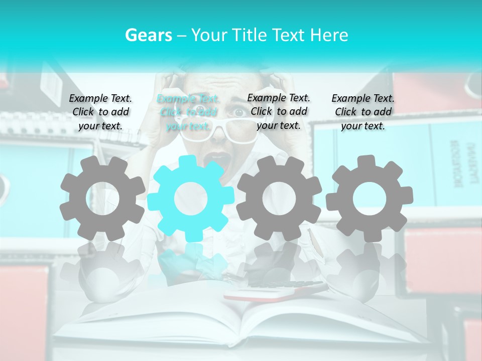 A Woman In Glasses Is Sitting At A Desk With Many Files PowerPoint Template