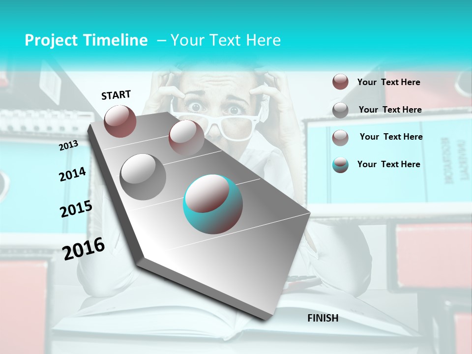 A Woman In Glasses Is Sitting At A Desk With Many Files PowerPoint Template