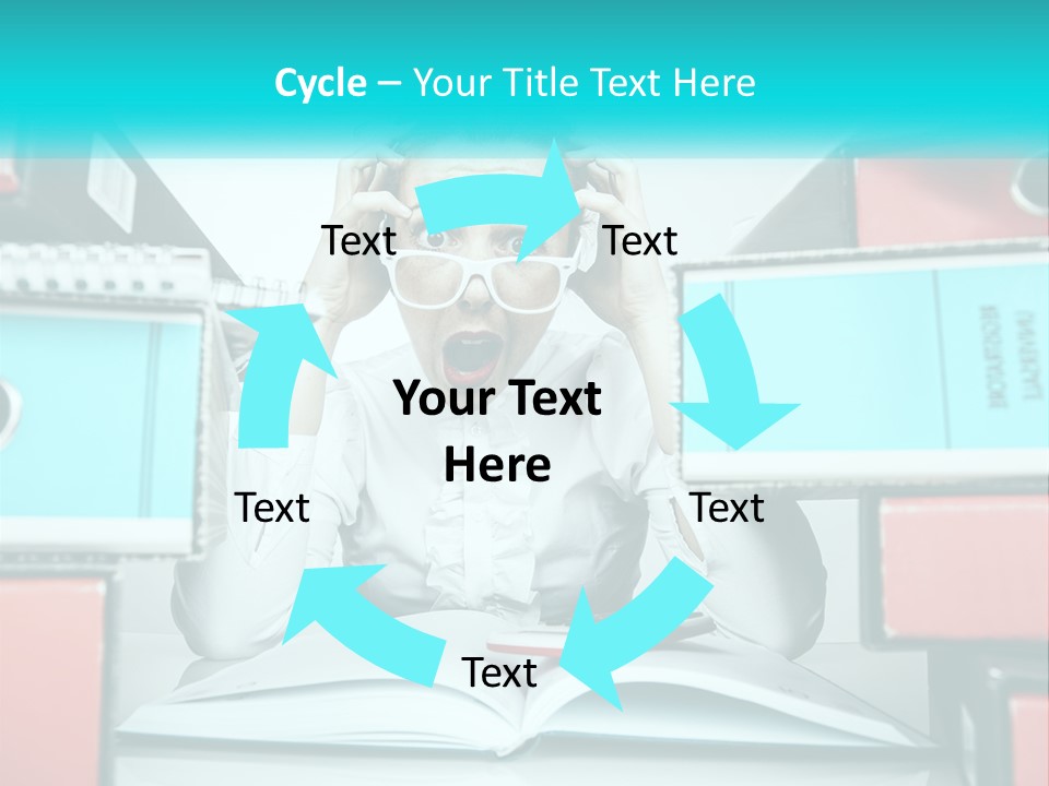 A Woman In Glasses Is Sitting At A Desk With Many Files PowerPoint Template