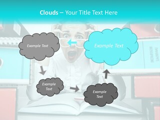 A Woman In Glasses Is Sitting At A Desk With Many Files PowerPoint Template