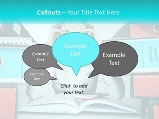 A Woman In Glasses Is Sitting At A Desk With Many Files PowerPoint Template