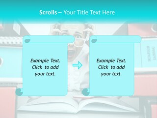 A Woman In Glasses Is Sitting At A Desk With Many Files PowerPoint Template