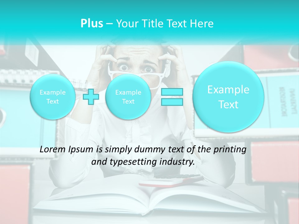 A Woman In Glasses Is Sitting At A Desk With Many Files PowerPoint Template