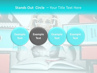 A Woman In Glasses Is Sitting At A Desk With Many Files PowerPoint Template