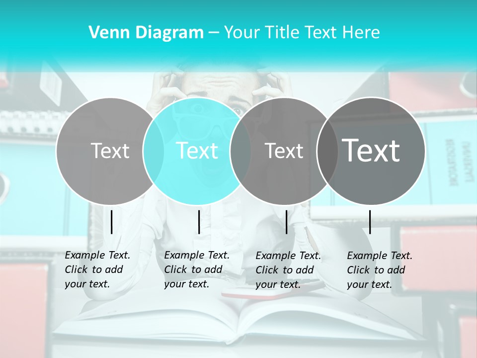 A Woman In Glasses Is Sitting At A Desk With Many Files PowerPoint Template