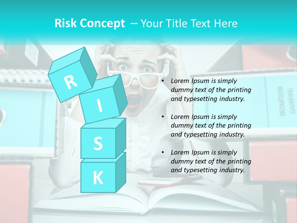 A Woman In Glasses Is Sitting At A Desk With Many Files PowerPoint Template