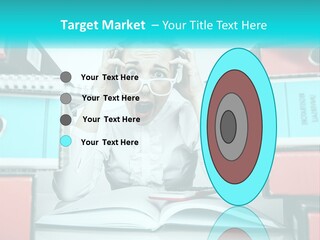 A Woman In Glasses Is Sitting At A Desk With Many Files PowerPoint Template