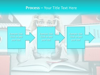 A Woman In Glasses Is Sitting At A Desk With Many Files PowerPoint Template