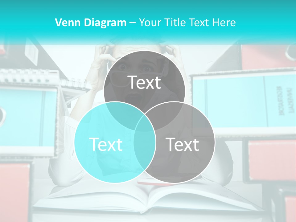 A Woman In Glasses Is Sitting At A Desk With Many Files PowerPoint Template