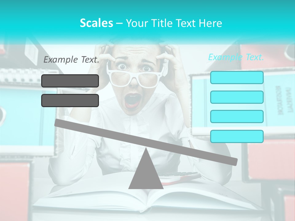 A Woman In Glasses Is Sitting At A Desk With Many Files PowerPoint Template