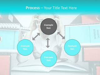 A Woman In Glasses Is Sitting At A Desk With Many Files PowerPoint Template