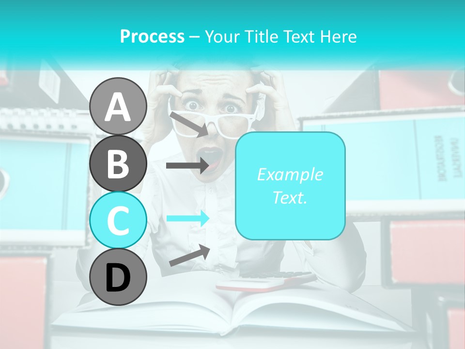 A Woman In Glasses Is Sitting At A Desk With Many Files PowerPoint Template
