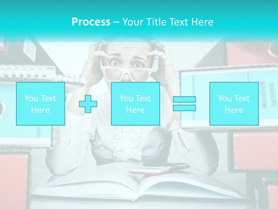 A Woman In Glasses Is Sitting At A Desk With Many Files PowerPoint Template