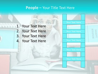 A Woman In Glasses Is Sitting At A Desk With Many Files PowerPoint Template