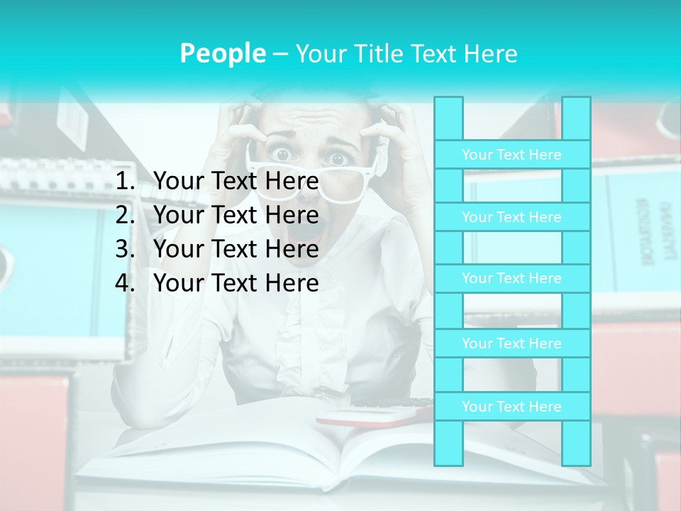 A Woman In Glasses Is Sitting At A Desk With Many Files PowerPoint Template