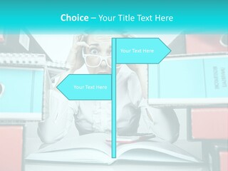 A Woman In Glasses Is Sitting At A Desk With Many Files PowerPoint Template