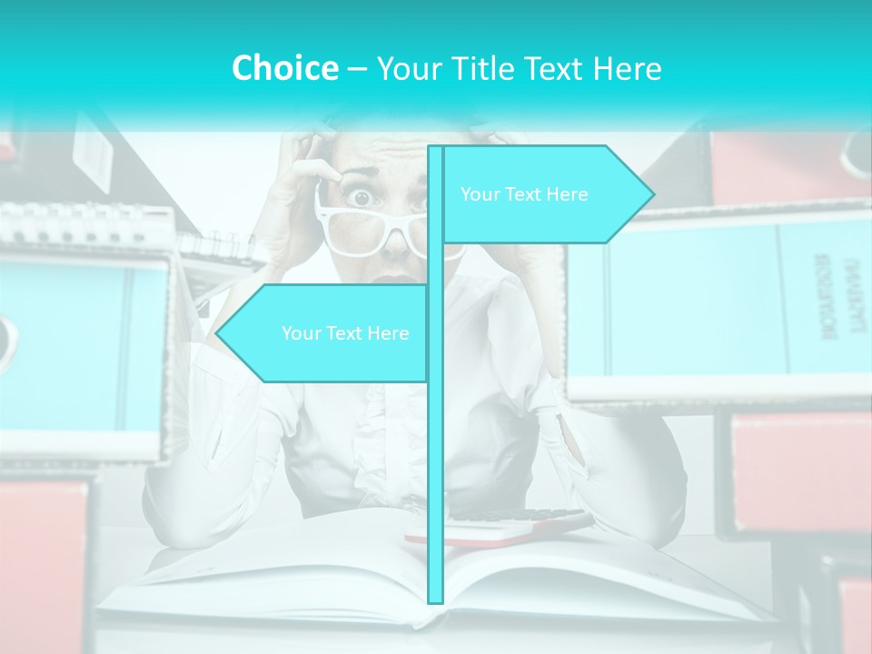 A Woman In Glasses Is Sitting At A Desk With Many Files PowerPoint Template