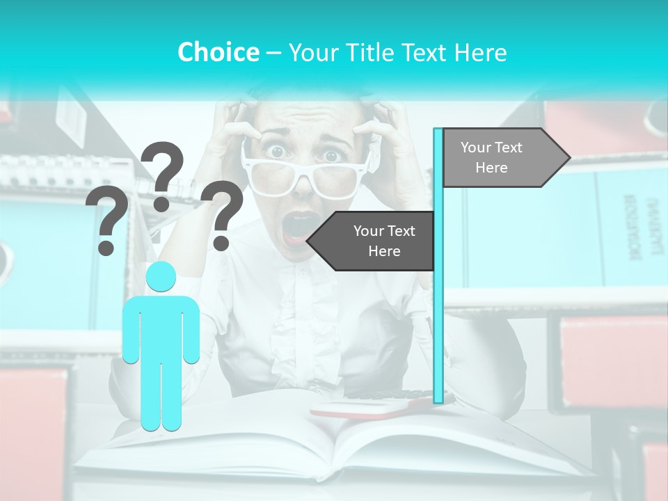 A Woman In Glasses Is Sitting At A Desk With Many Files PowerPoint Template