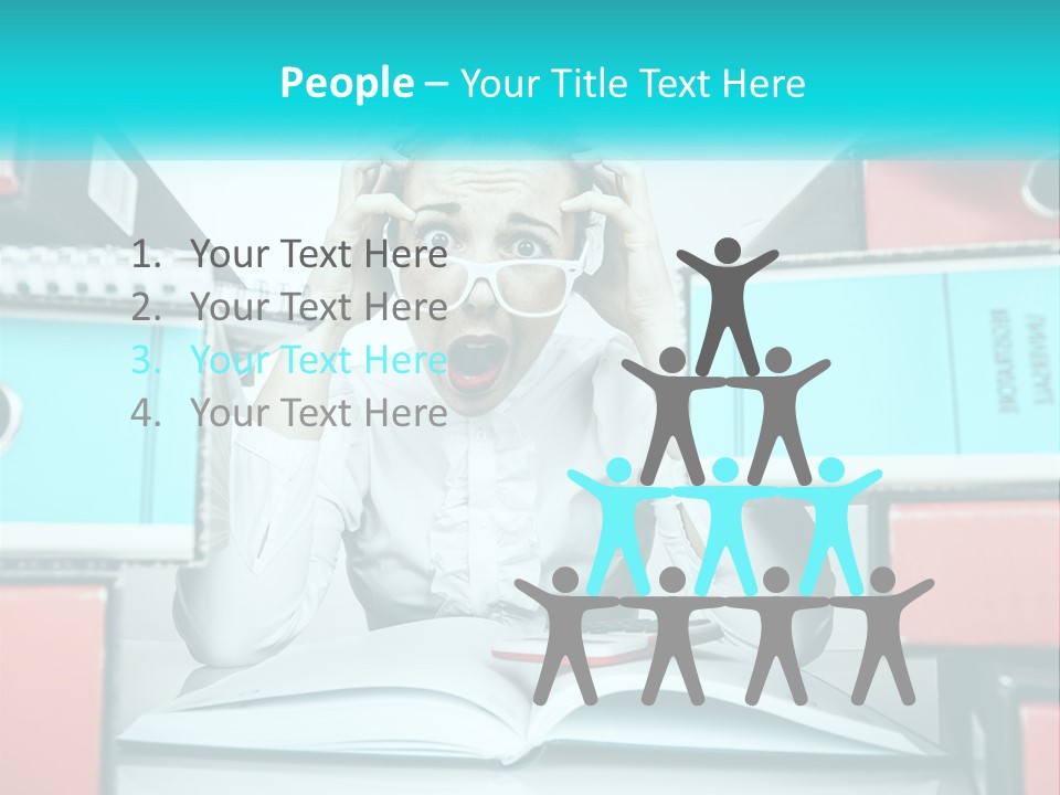 A Woman In Glasses Is Sitting At A Desk With Many Files PowerPoint Template
