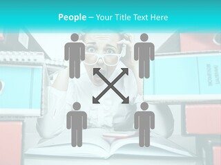 A Woman In Glasses Is Sitting At A Desk With Many Files PowerPoint Template
