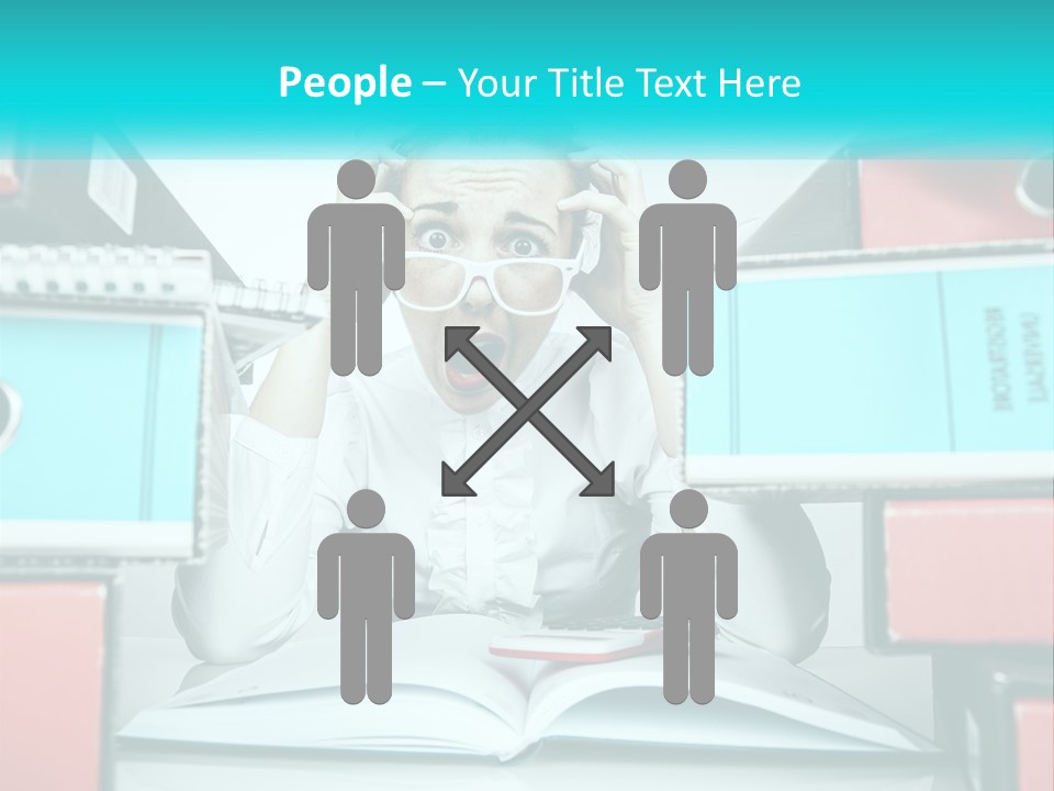 A Woman In Glasses Is Sitting At A Desk With Many Files PowerPoint Template