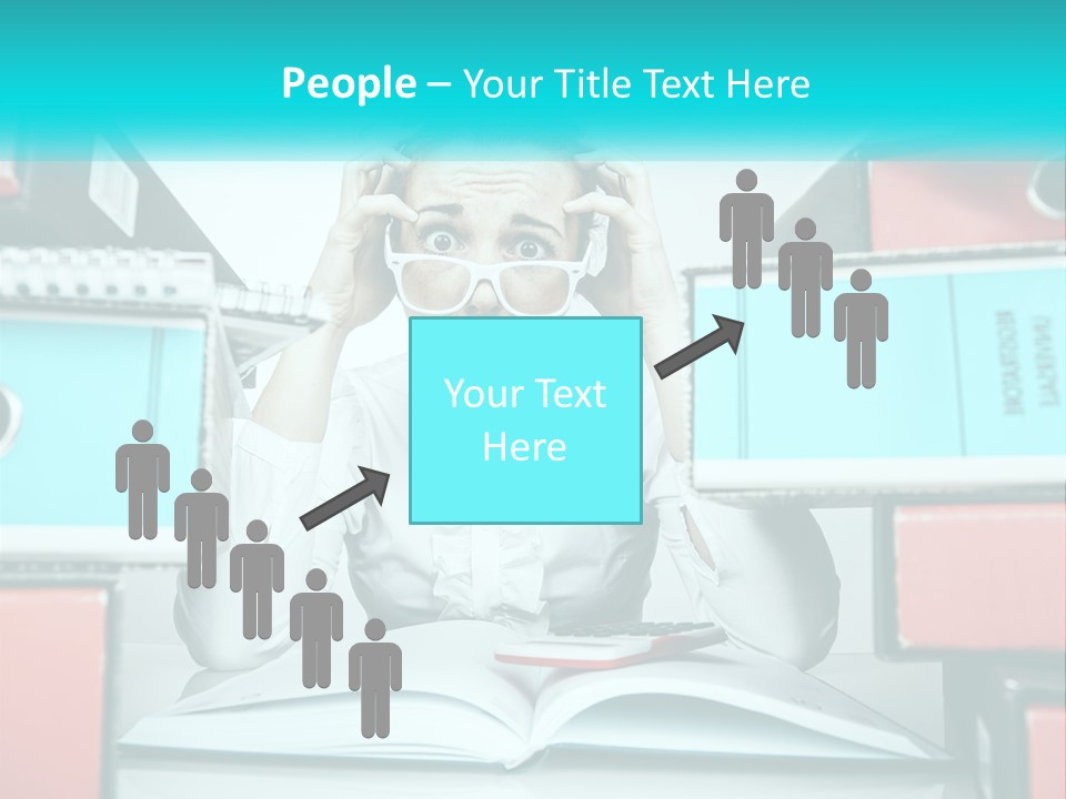 A Woman In Glasses Is Sitting At A Desk With Many Files PowerPoint Template